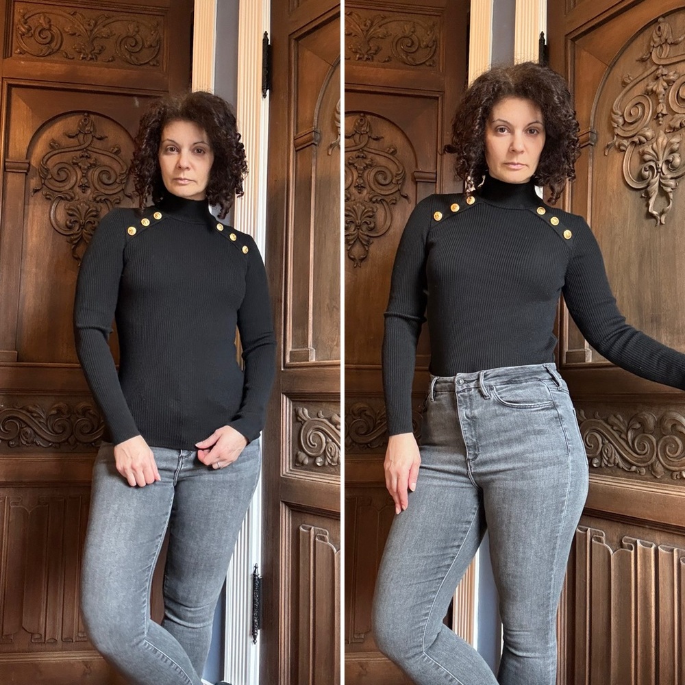 Luisa Spagnoli Black Mock Turtleneck Virgin Wool Sweater w/Gold Button Accents